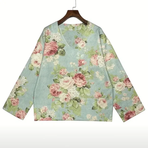 Floral Knit Sweater - Mint Green and Pink - Picture 2 of 4